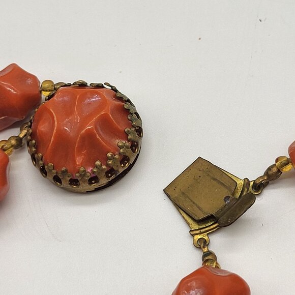 Vintage Austria Iridescent Molded Lumpy Coral Color Bead Necklace - Picture 12 of 12